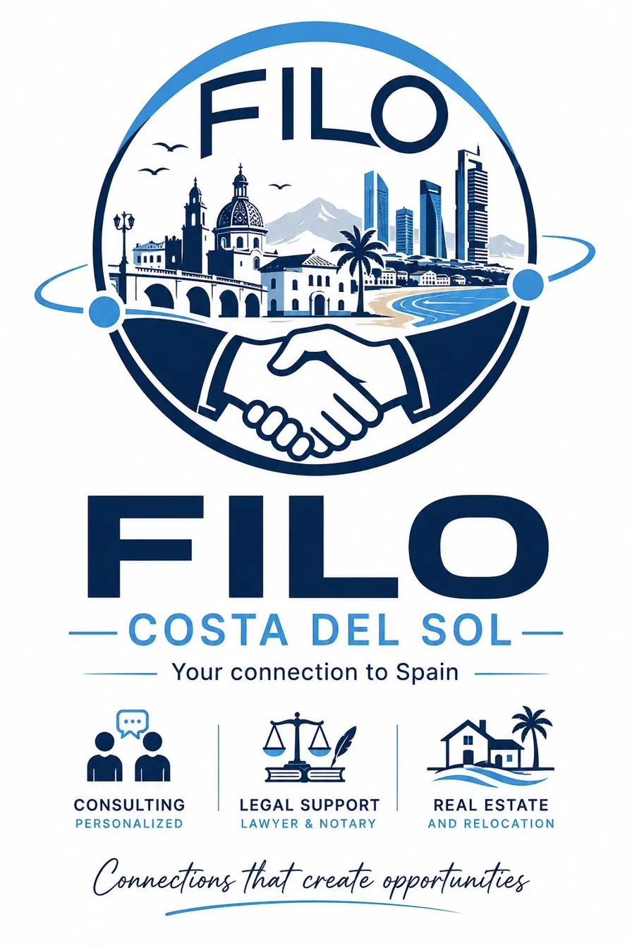 Logo Filo Costa del Sol: skyline della costa, stretta di mano e orbita azzurra